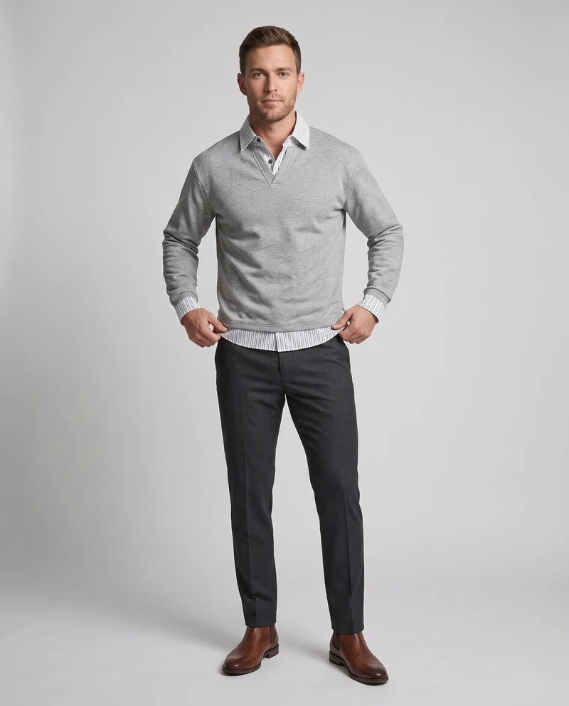 Herren Oversize Pullover mit V-Ausschnitt und Hemd-Lagen-Effekt