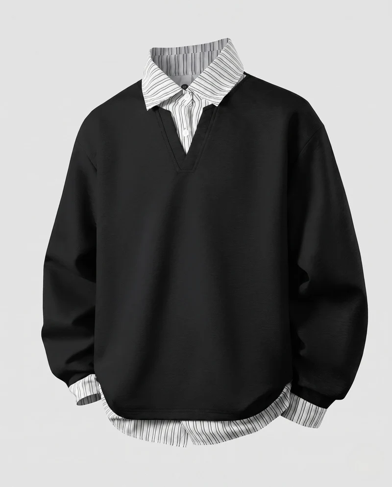 Herren Oversize Pullover mit V-Ausschnitt und Hemd-Lagen-Effekt
