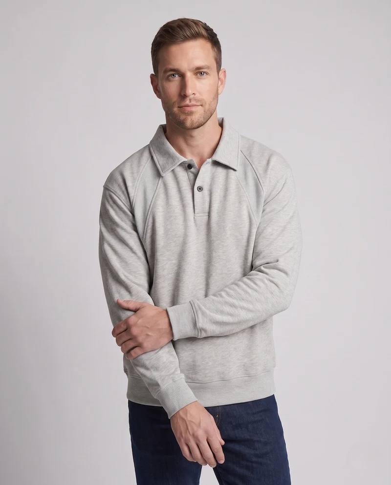 Herren oversized Polo Sweatshirt mit Raglanärmeln, Hemdkragen und abgerundetem Saum