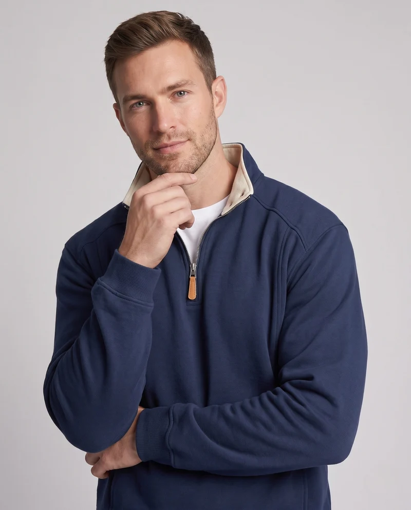 Männer Relaxed Halb-Reißverschluss Sweatshirt mit kontrastierendem Stehkragen und Druckknopfdetails