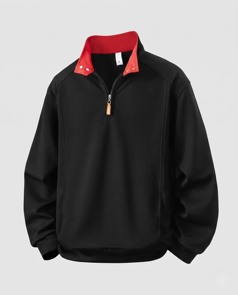 Männer Relaxed Halb-Reißverschluss Sweatshirt mit kontrastierendem Stehkragen und Druckknopfdetails