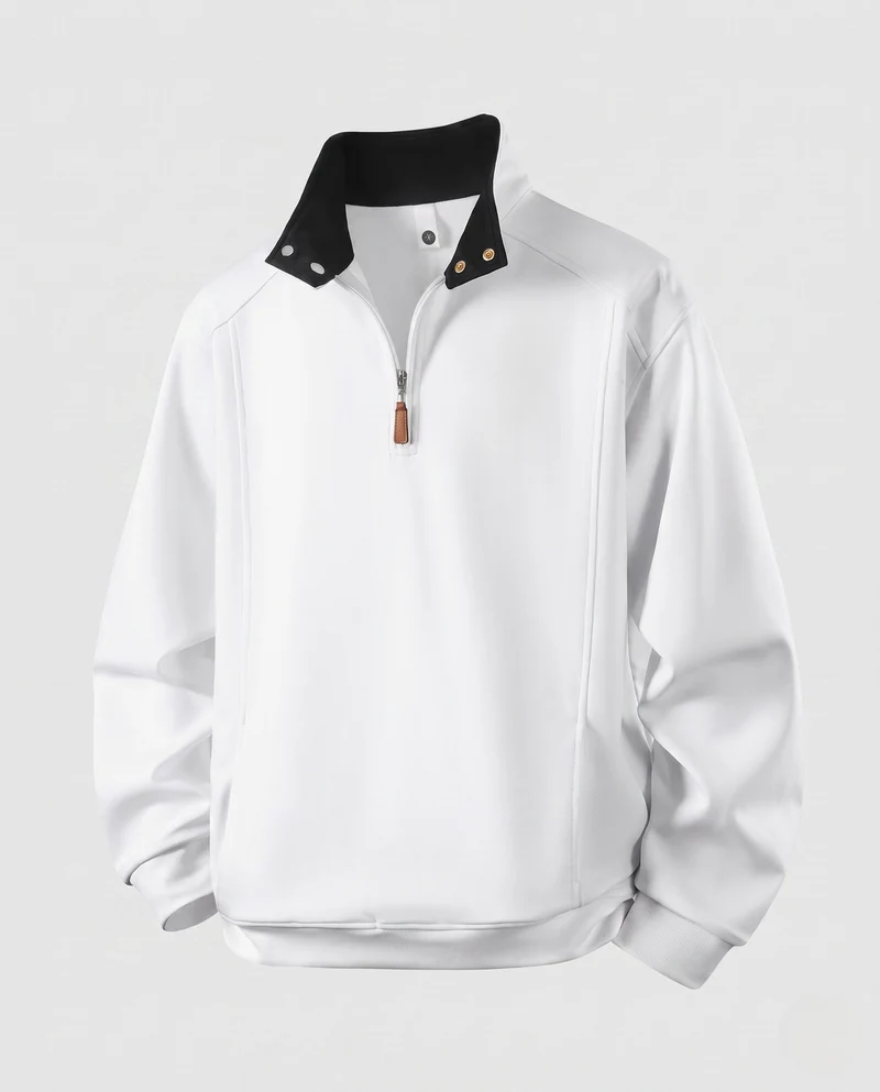 Männer Relaxed Halb-Reißverschluss Sweatshirt mit kontrastierendem Stehkragen und Druckknopfdetails