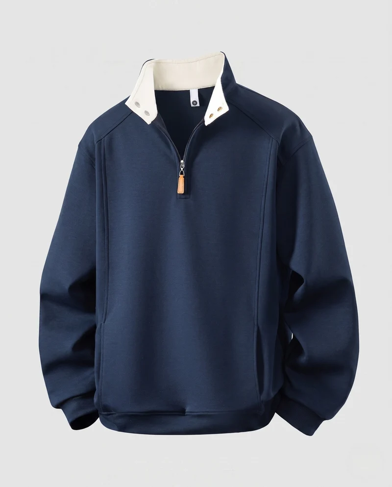 Männer Relaxed Halb-Reißverschluss Sweatshirt mit kontrastierendem Stehkragen und Druckknopfdetails