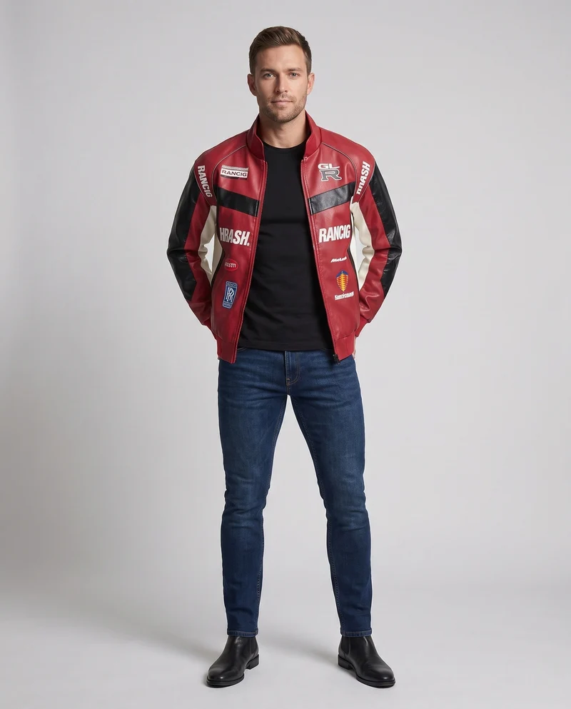 Herren-Rennfahrer-inspiriierte Kunstlederjacke mit Logo-Prints und Stehkragen