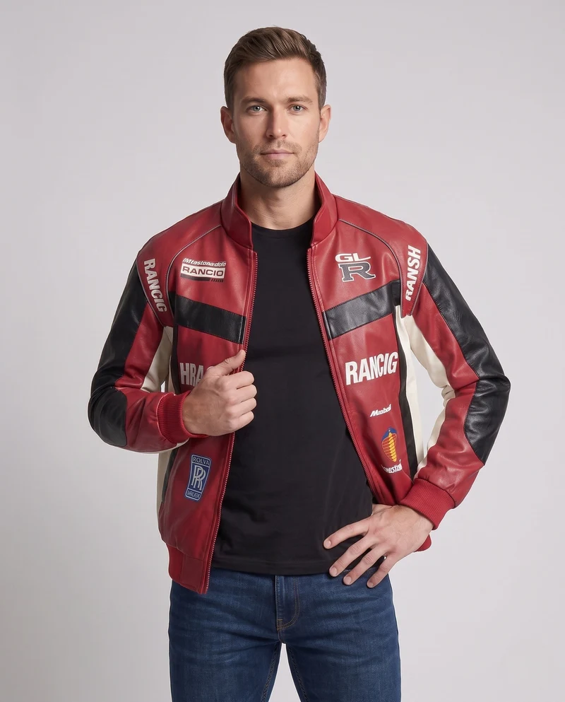 Herren-Rennfahrer-inspiriierte Kunstlederjacke mit Logo-Prints und Stehkragen