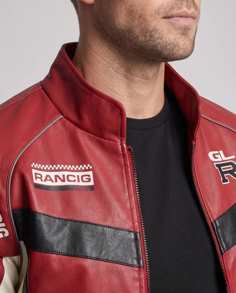 Herren-Rennfahrer-inspiriierte Kunstlederjacke mit Logo-Prints und Stehkragen
