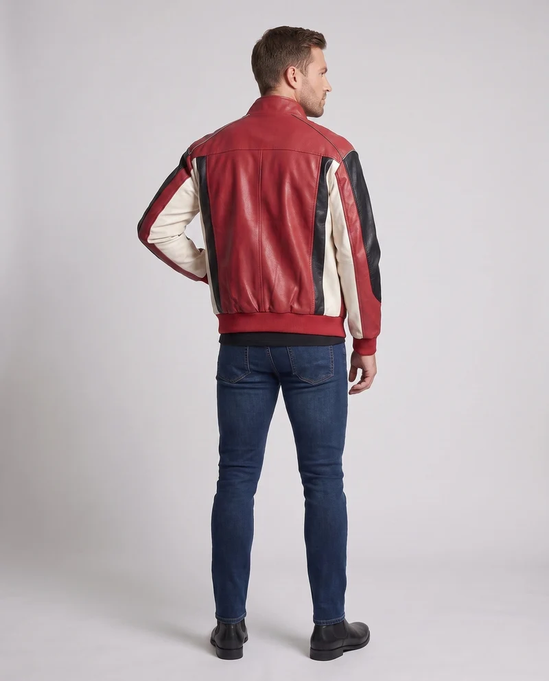 Herren-Rennfahrer-inspiriierte Kunstlederjacke mit Logo-Prints und Stehkragen