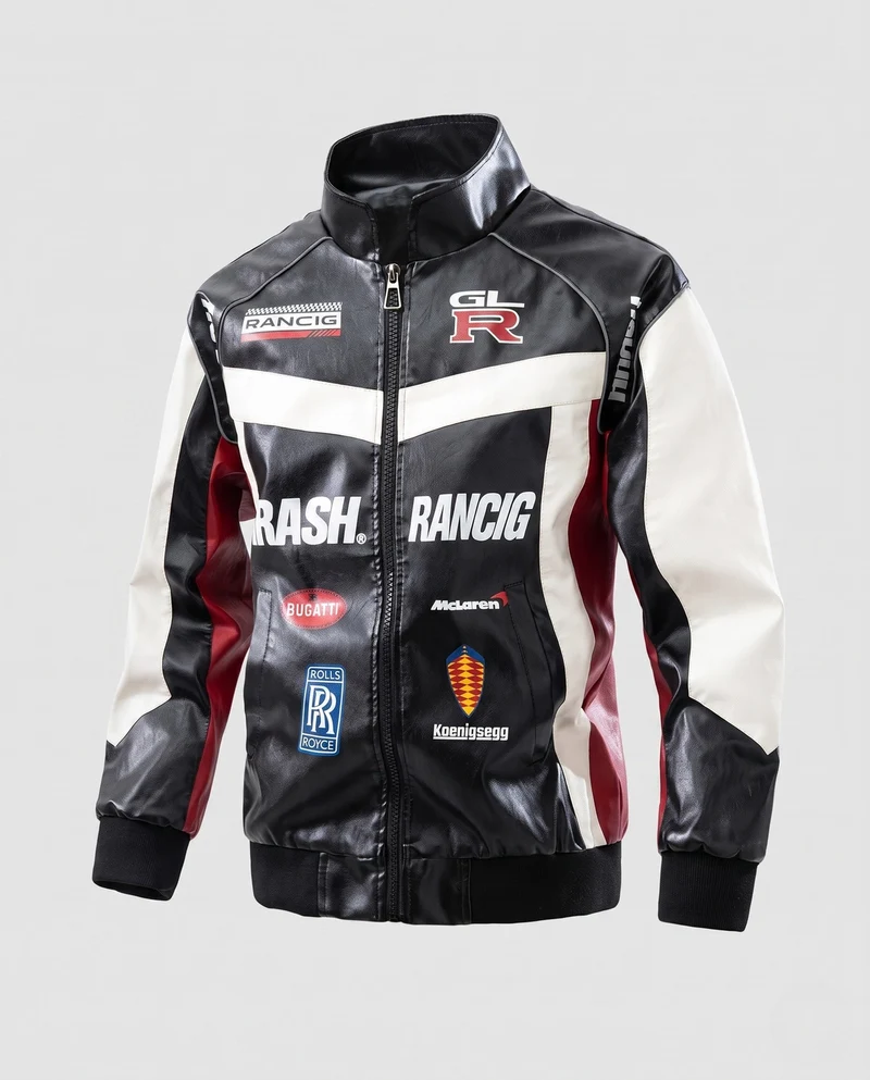 Herren-Rennfahrer-inspiriierte Kunstlederjacke mit Logo-Prints und Stehkragen