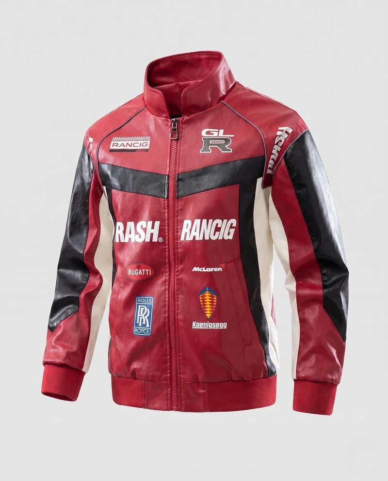 Herren-Rennfahrer-inspiriierte Kunstlederjacke mit Logo-Prints und Stehkragen