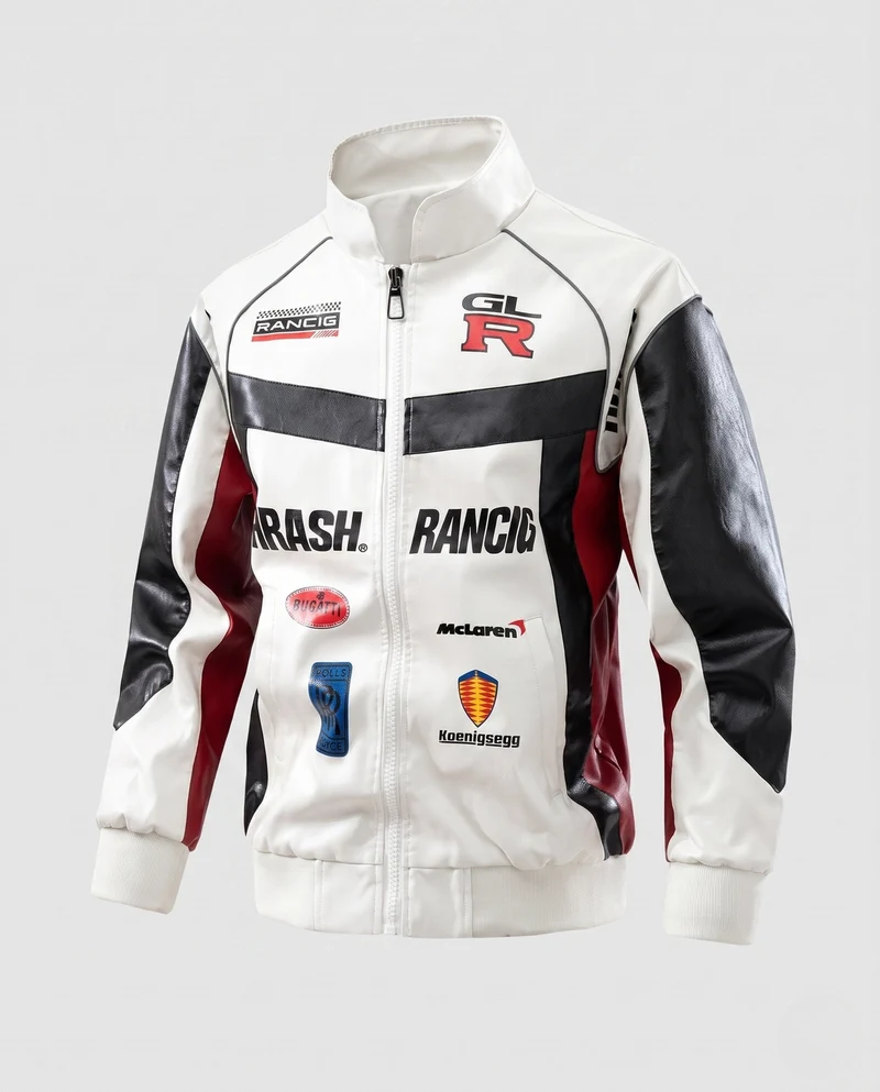 Herren-Rennfahrer-inspiriierte Kunstlederjacke mit Logo-Prints und Stehkragen