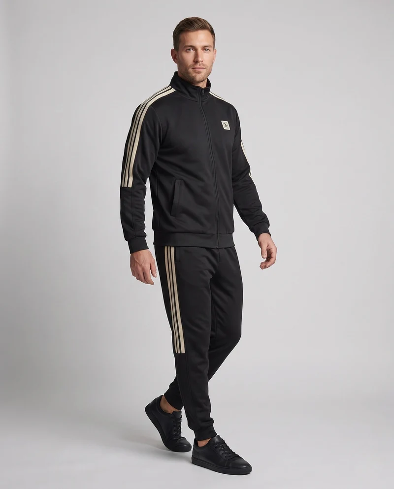 Männliches sportliches Zip-Trainingsset mit Stehkragen, Kontraststreifen und elastischem Bund