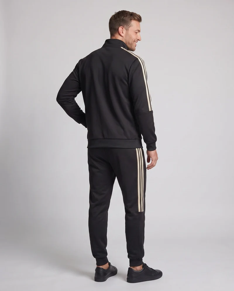 Männliches sportliches Zip-Trainingsset mit Stehkragen, Kontraststreifen und elastischem Bund