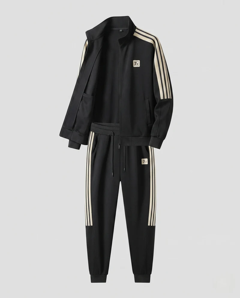 Männliches sportliches Zip-Trainingsset mit Stehkragen, Kontraststreifen und elastischem Bund