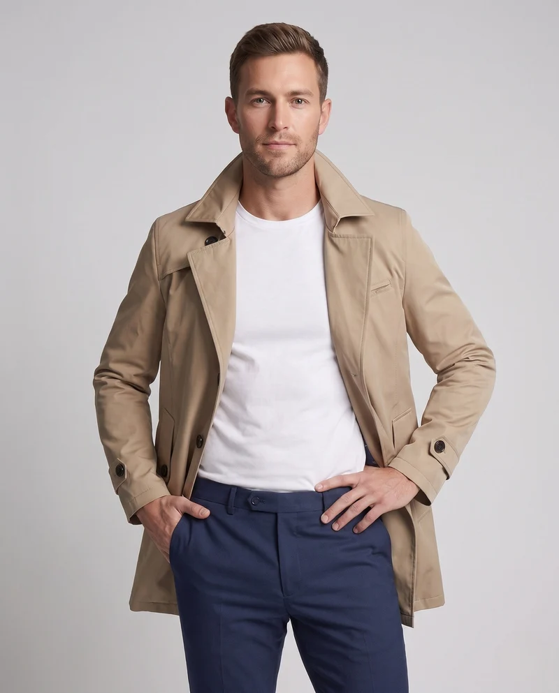 Herren maßgeschneiderter Trenchcoat mit kontrastierendem gemustertem Futter und verdeckter Knopfleiste