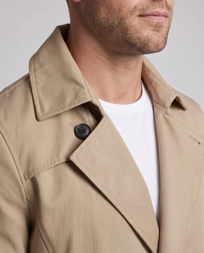 Herren maßgeschneiderter Trenchcoat mit kontrastierendem gemustertem Futter und verdeckter Knopfleiste