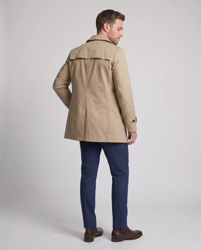 Herren maßgeschneiderter Trenchcoat mit kontrastierendem gemustertem Futter und verdeckter Knopfleiste