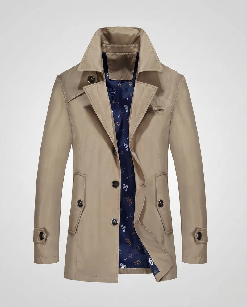 Herren maßgeschneiderter Trenchcoat mit kontrastierendem gemustertem Futter und verdeckter Knopfleiste