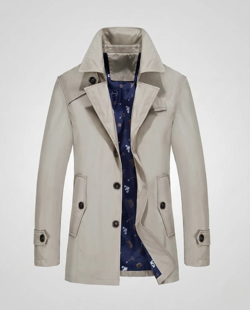 Herren maßgeschneiderter Trenchcoat mit kontrastierendem gemustertem Futter und verdeckter Knopfleiste