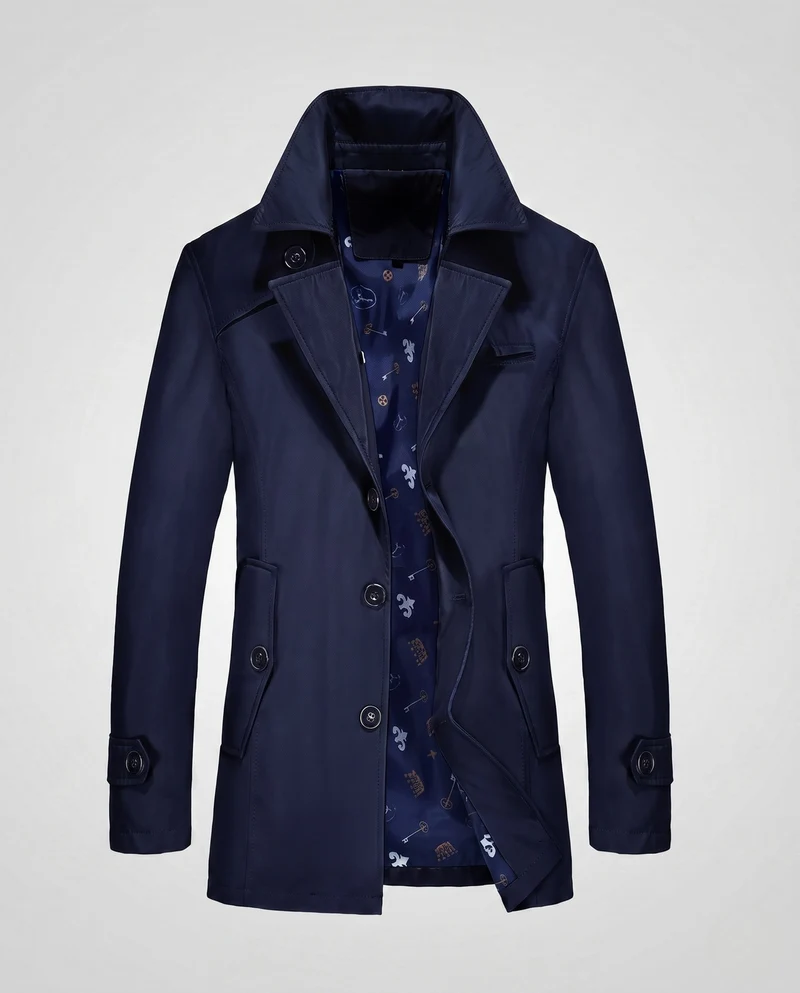 Herren maßgeschneiderter Trenchcoat mit kontrastierendem gemustertem Futter und verdeckter Knopfleiste