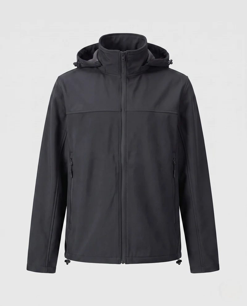 Herren technische Softshell-Hoodiejacke mit winddichter Membran, verstellbare Kapuze und versteckten Reißverschlusstaschen
