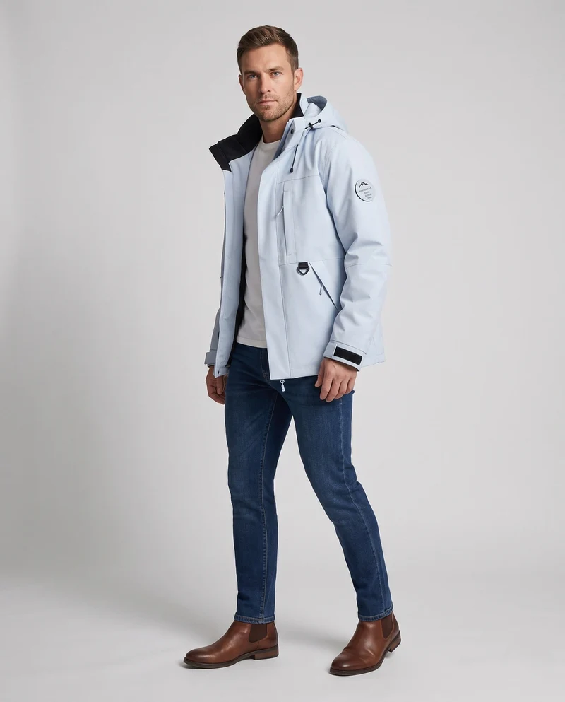 Herren technische, wind- und wasserabweisende Kapuzenjacke mit verdecktem Frontverschluss und mehreren Reißverschlusstaschen