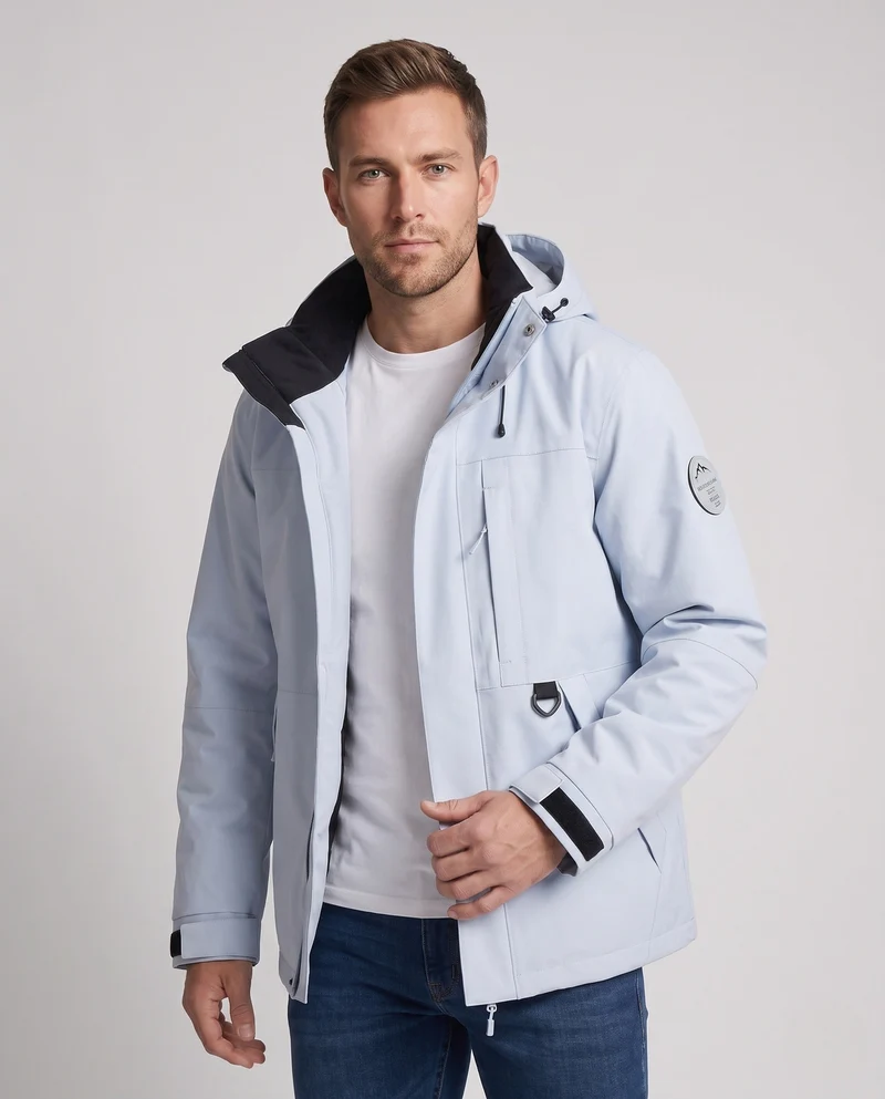 Herren technische, wind- und wasserabweisende Kapuzenjacke mit verdecktem Frontverschluss und mehreren Reißverschlusstaschen