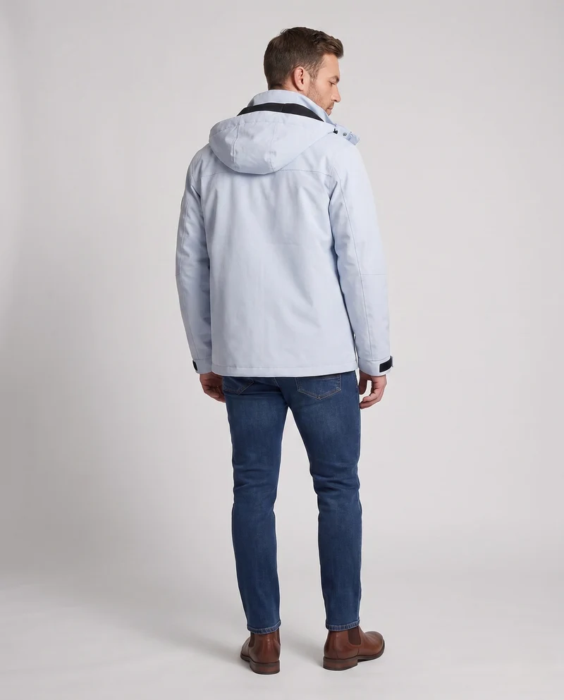 Herren technische, wind- und wasserabweisende Kapuzenjacke mit verdecktem Frontverschluss und mehreren Reißverschlusstaschen