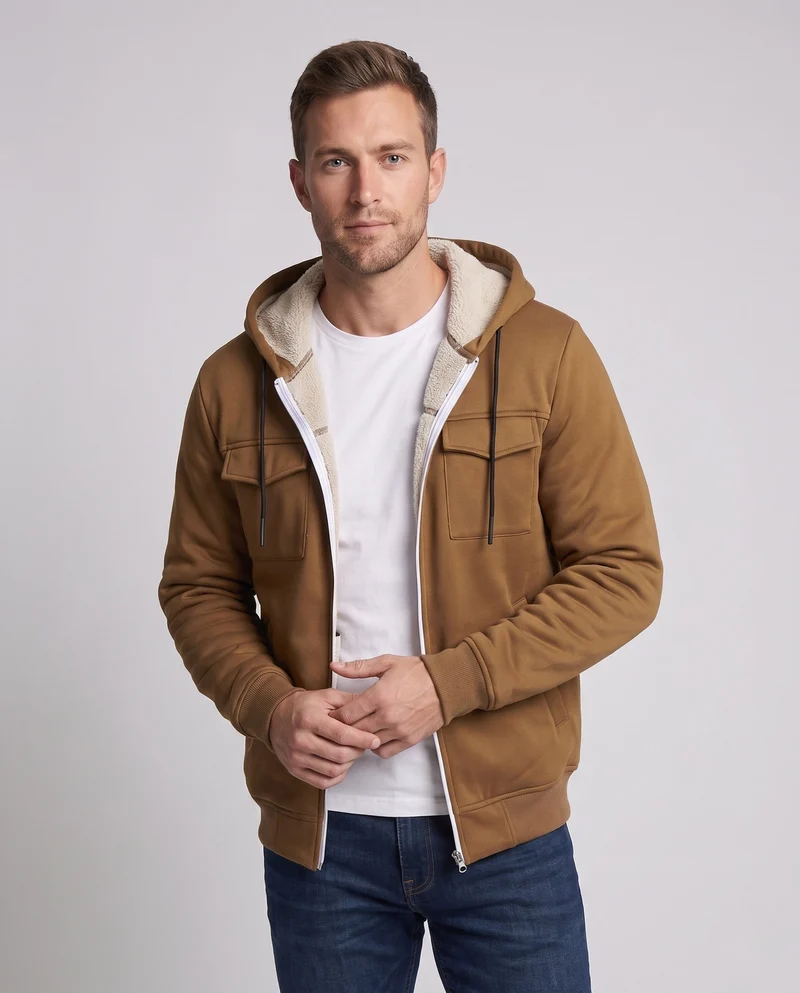 Herren Thermo gepolsterte Kapuzenjacke mit Teddy-Futter, Frontklappentaschen und gerippten Bündchen