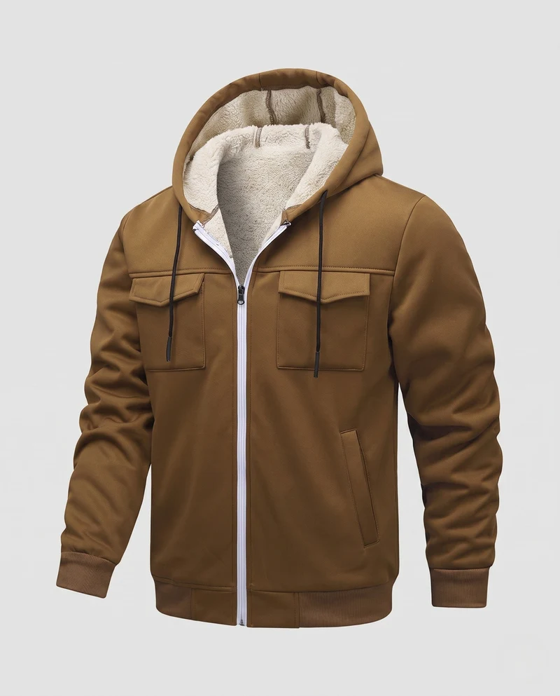 Herren Thermo gepolsterte Kapuzenjacke mit Teddy-Futter, Frontklappentaschen und gerippten Bündchen