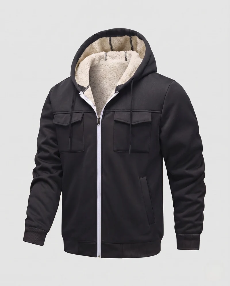 Herren Thermo gepolsterte Kapuzenjacke mit Teddy-Futter, Frontklappentaschen und gerippten Bündchen