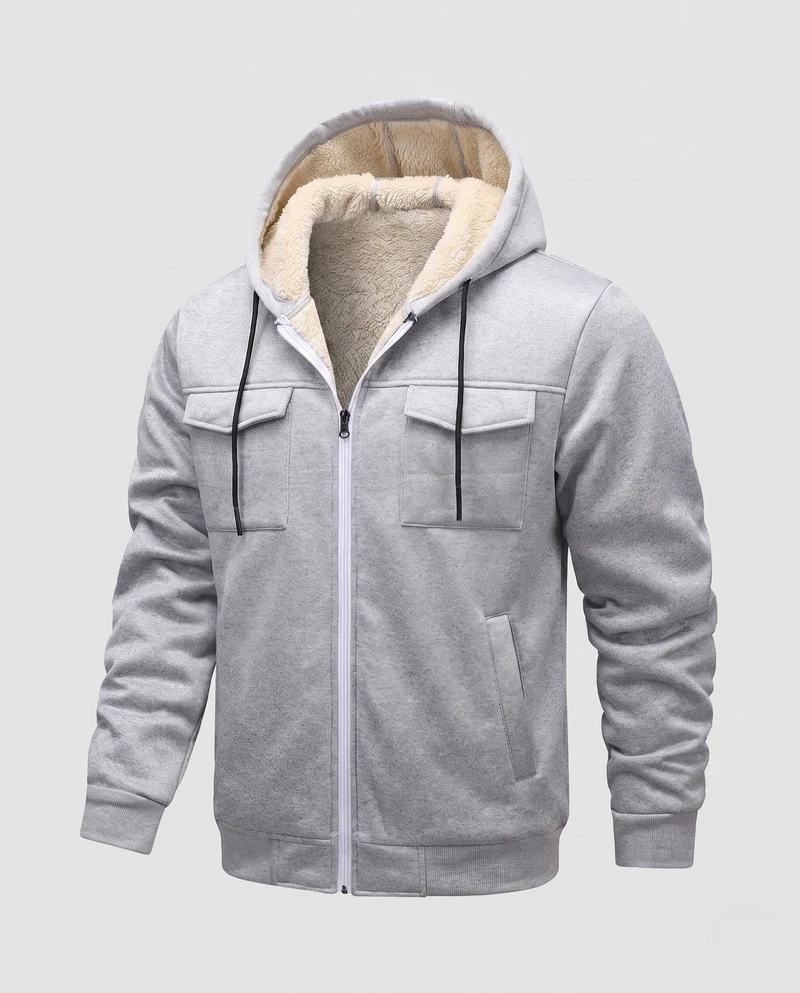 Herren Thermo gepolsterte Kapuzenjacke mit Teddy-Futter, Frontklappentaschen und gerippten Bündchen