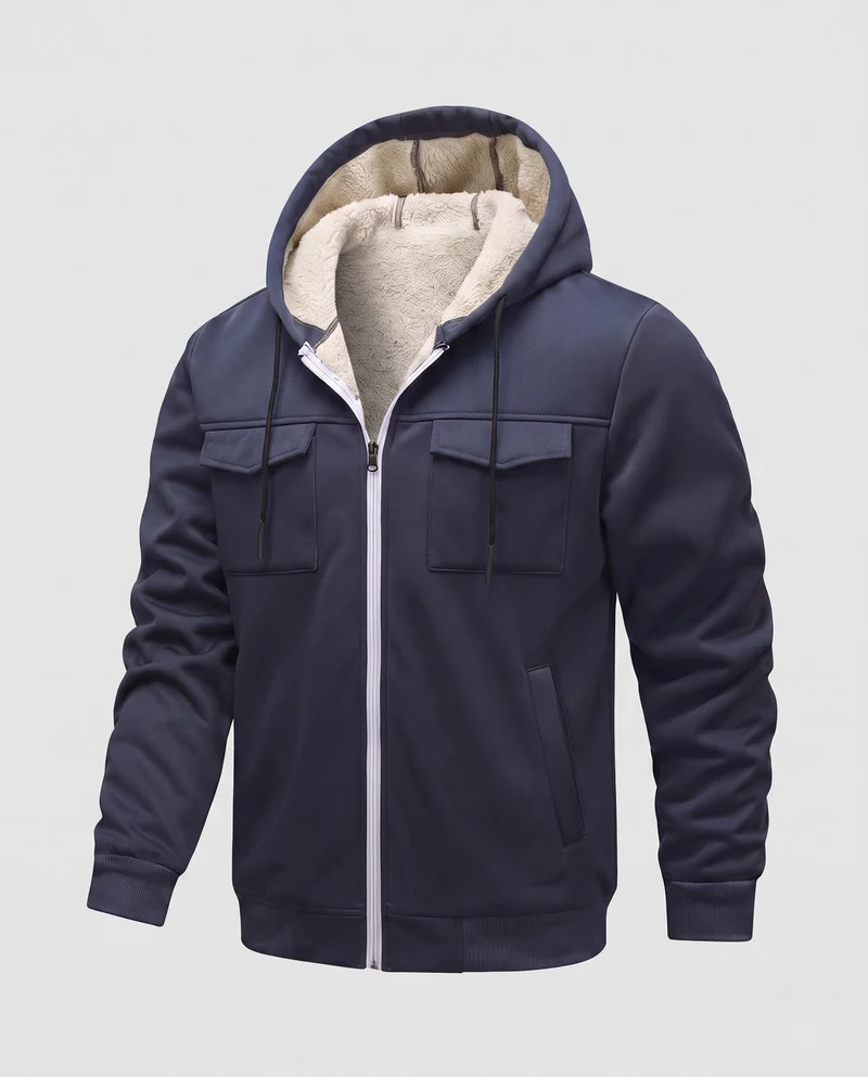 Herren Thermo gepolsterte Kapuzenjacke mit Teddy-Futter, Frontklappentaschen und gerippten Bündchen