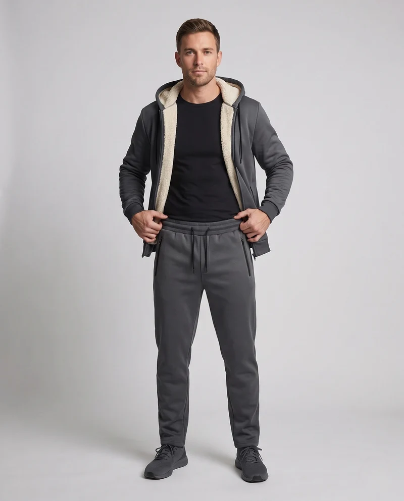 Herren Thermo Kapuzen-Trainingsanzug Set mit Sherpa-Futter und Reißverschlusstaschen