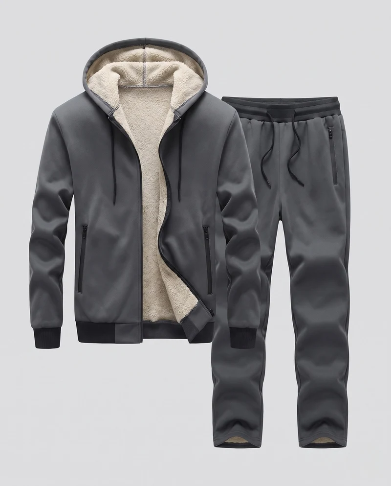 Herren Thermo Kapuzen-Trainingsanzug Set mit Sherpa-Futter und Reißverschlusstaschen