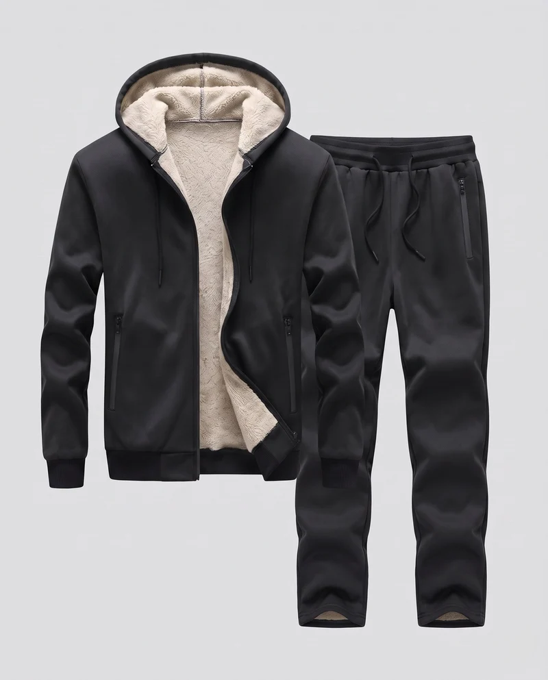 Herren Thermo Kapuzen-Trainingsanzug Set mit Sherpa-Futter und Reißverschlusstaschen