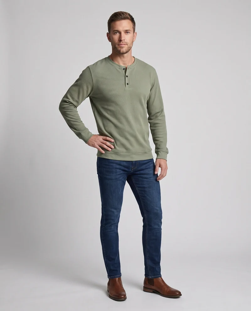 Herren Thermo Waffel Langarm mit Henley-Knopfleiste, lockere Passform und gerippte Bündchen