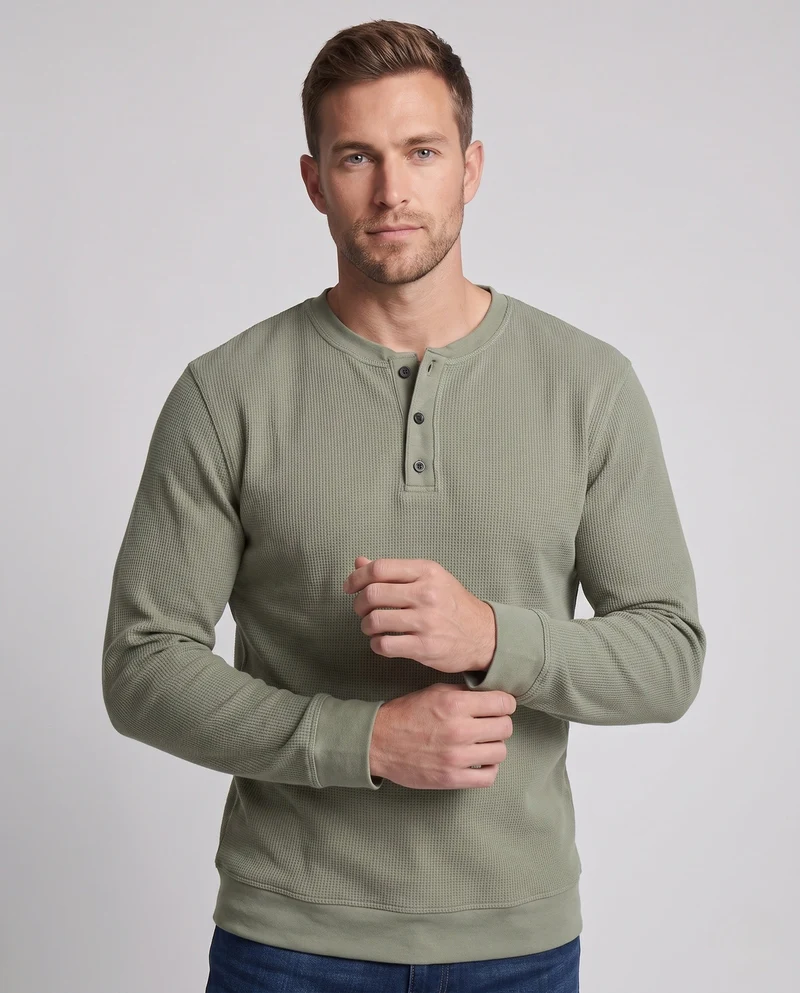 Herren Thermo Waffel Langarm mit Henley-Knopfleiste, lockere Passform und gerippte Bündchen