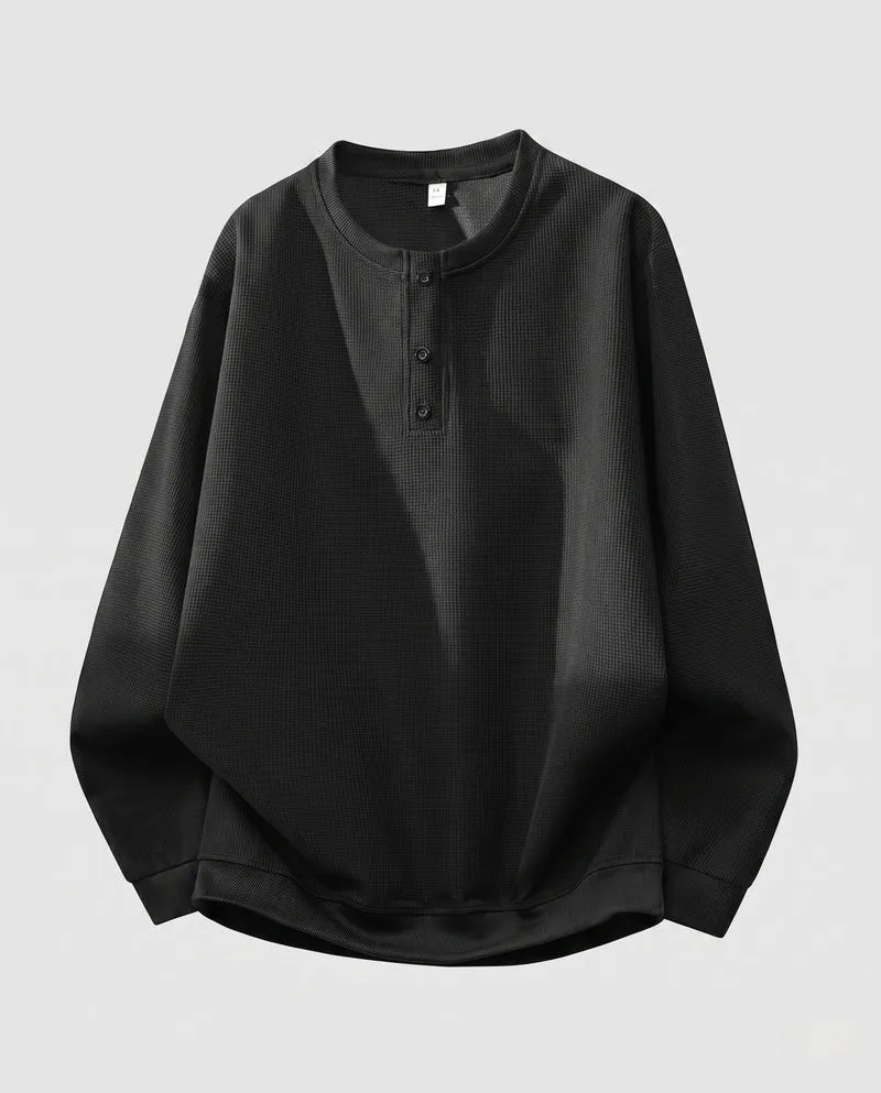 Herren Thermo Waffel Langarm mit Henley-Knopfleiste, lockere Passform und gerippte Bündchen
