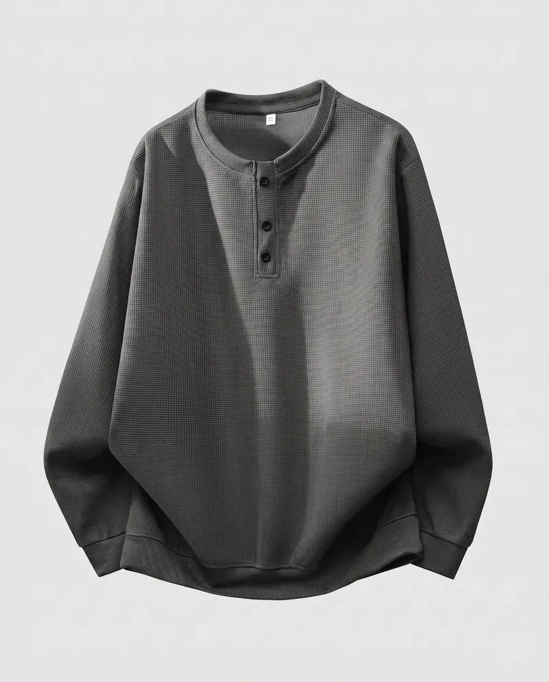 Herren Thermo Waffel Langarm mit Henley-Knopfleiste, lockere Passform und gerippte Bündchen