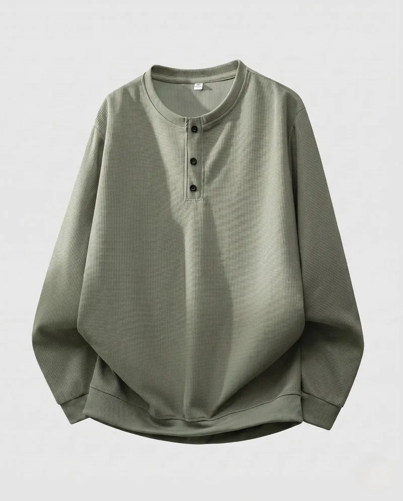 Herren Thermo Waffel Langarm mit Henley-Knopfleiste, lockere Passform und gerippte Bündchen