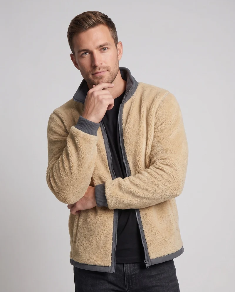 Herren Thermo-Fleece-Jacke mit Sherpa-Futter, hohem Stehkragen und verdeckten Reißverschlusstaschen
