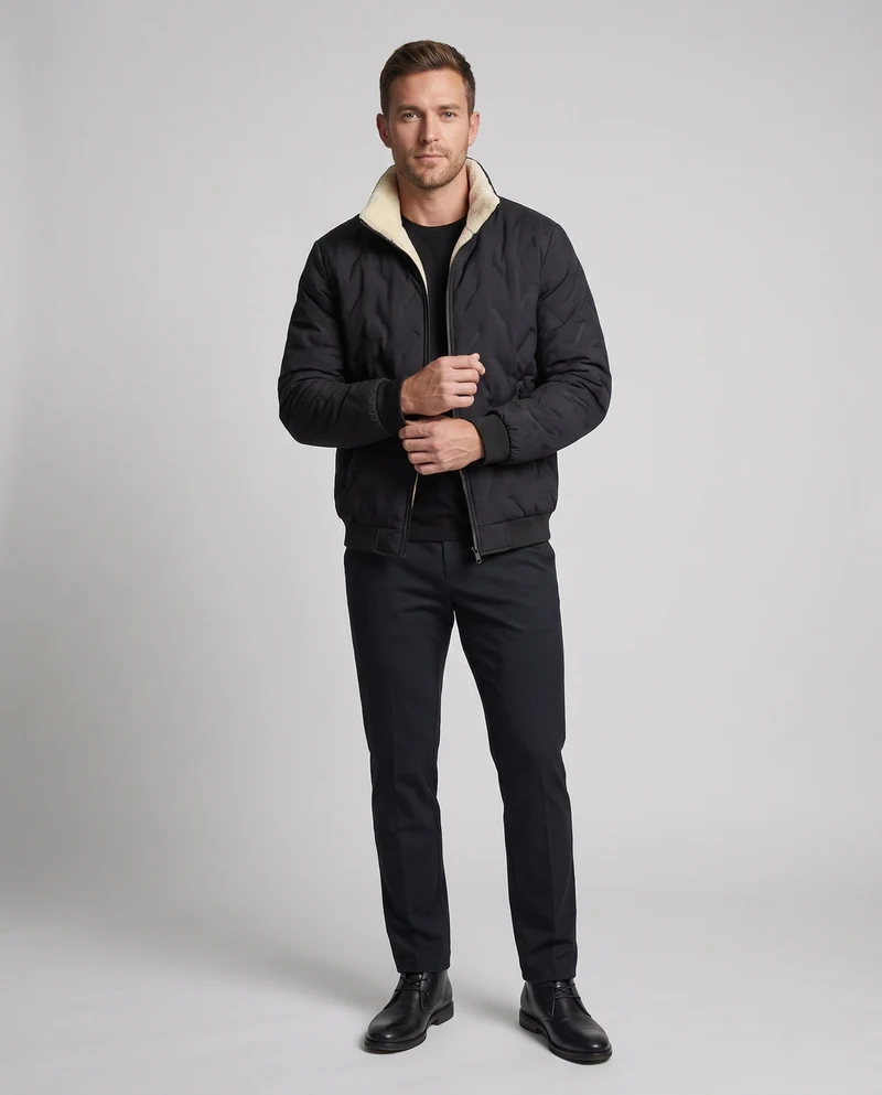 Herren Thermo Stehkragen Blousonjacke mit wärmendem Teddy-Futter und versteckten Reißverschlusstaschen