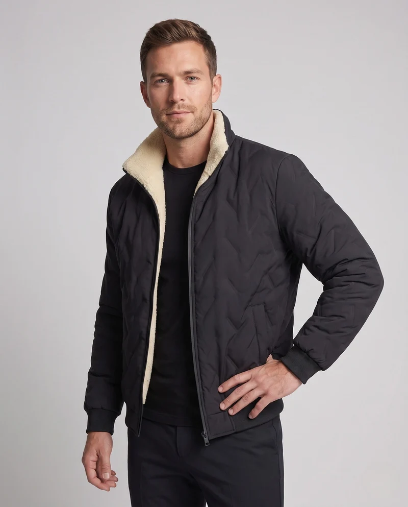 Herren Thermo Stehkragen Blousonjacke mit wärmendem Teddy-Futter und versteckten Reißverschlusstaschen