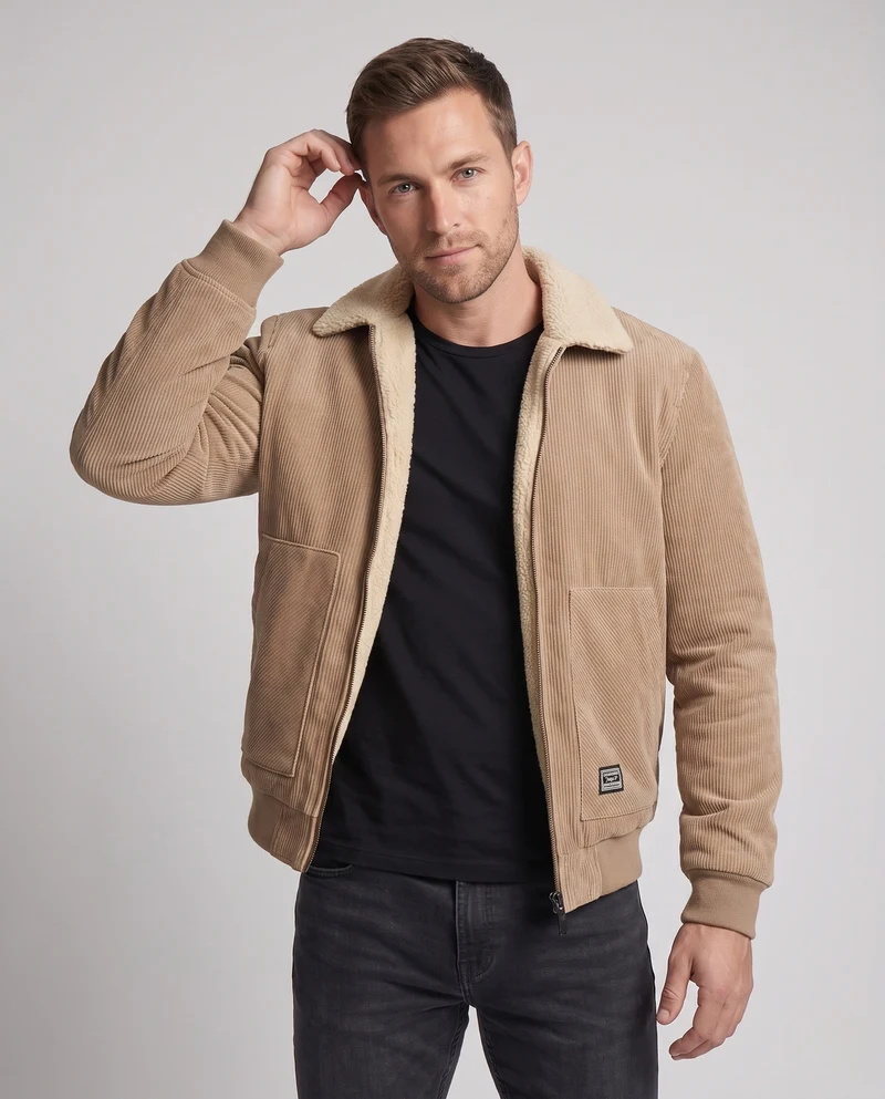 Herren Thermo Arbeitsjacke mit Sherpa-Futter, Kordelstruktur und verdecktem Reißverschluss