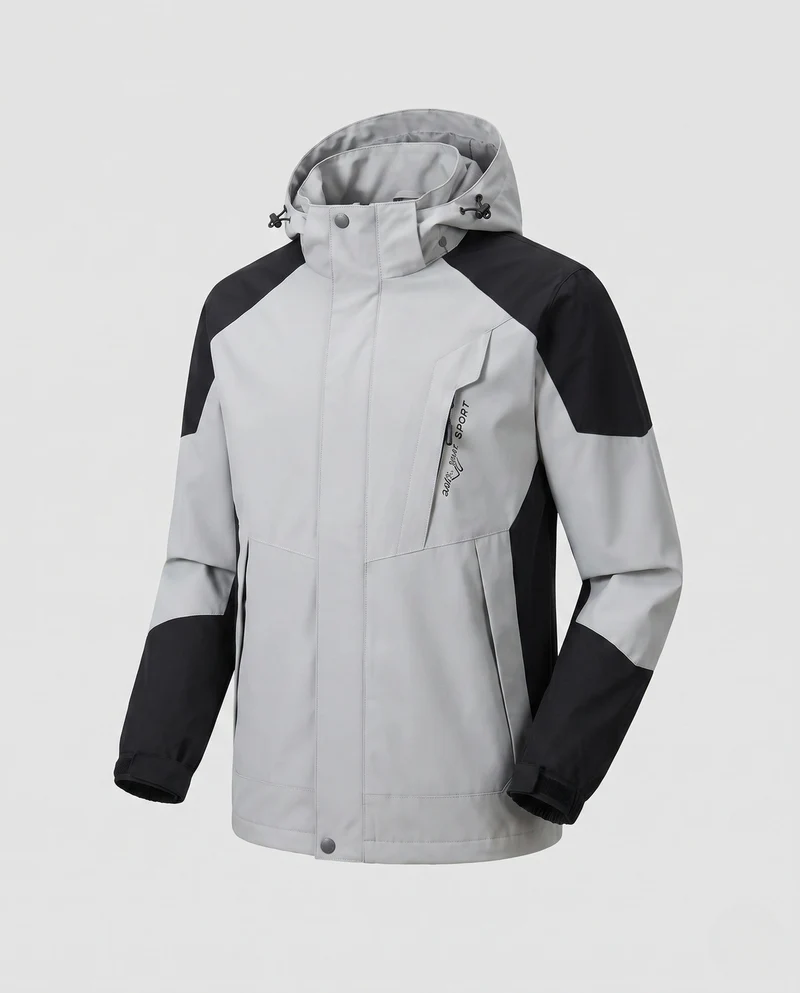 Herren ultraleichte packbare Hardshell-Jacke mit verstellbarer Kapuze, versiegelten Nähten und schrägem Brust-Reißverschluss