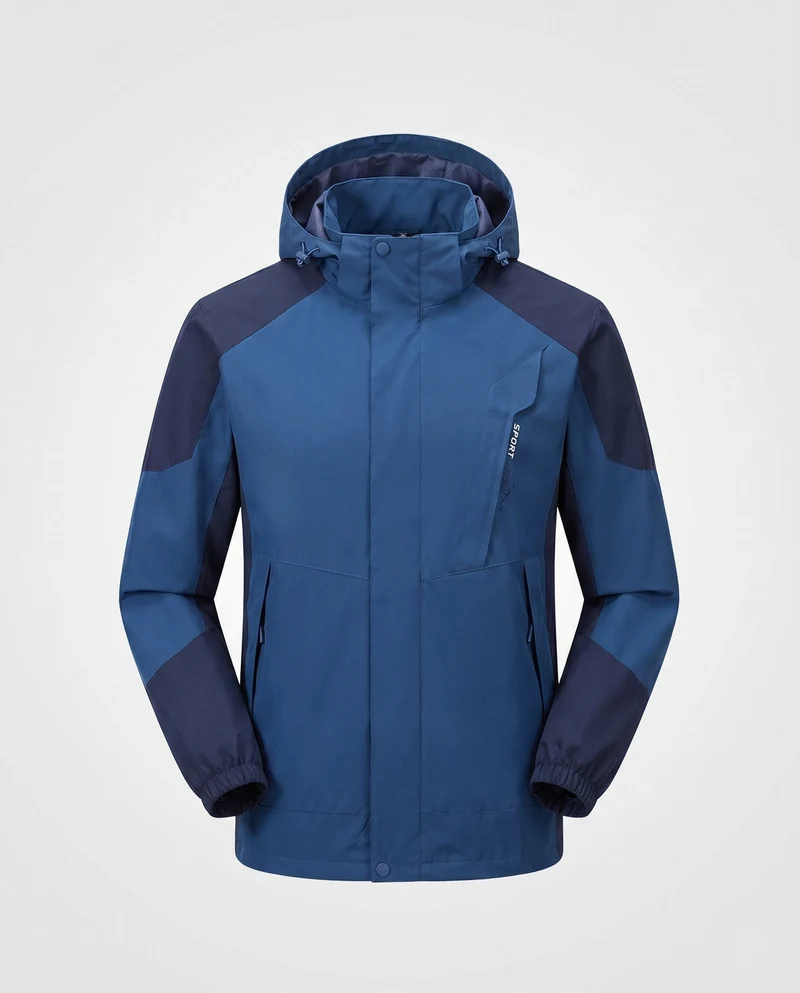 Herren ultraleichte packbare Hardshell-Jacke mit verstellbarer Kapuze, versiegelten Nähten und schrägem Brust-Reißverschluss