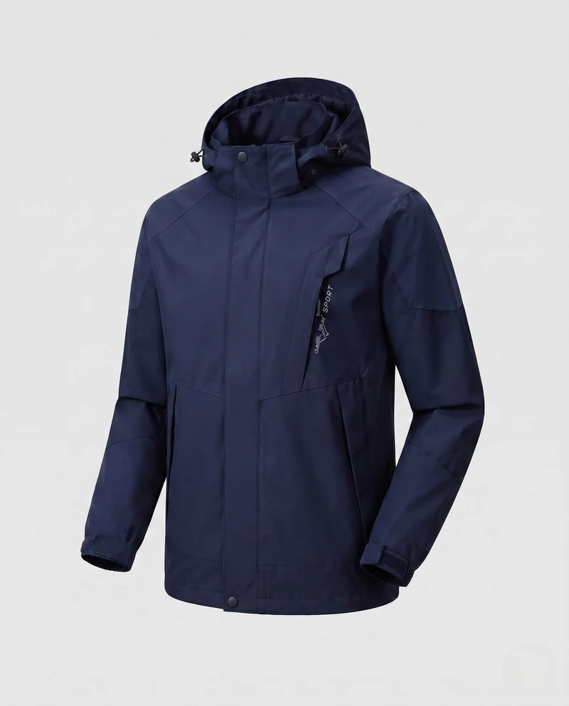 Herren ultraleichte packbare Hardshell-Jacke mit verstellbarer Kapuze, versiegelten Nähten und schrägem Brust-Reißverschluss
