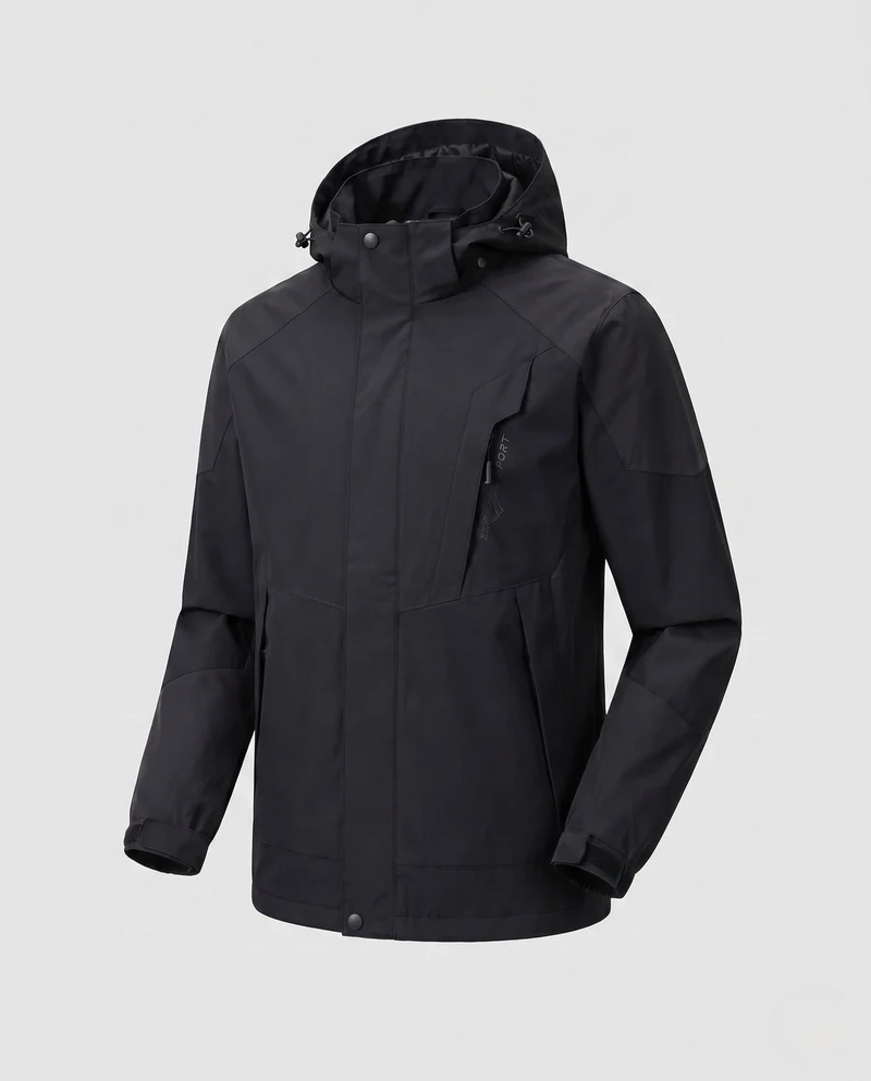 Herren ultraleichte packbare Hardshell-Jacke mit verstellbarer Kapuze, versiegelten Nähten und schrägem Brust-Reißverschluss