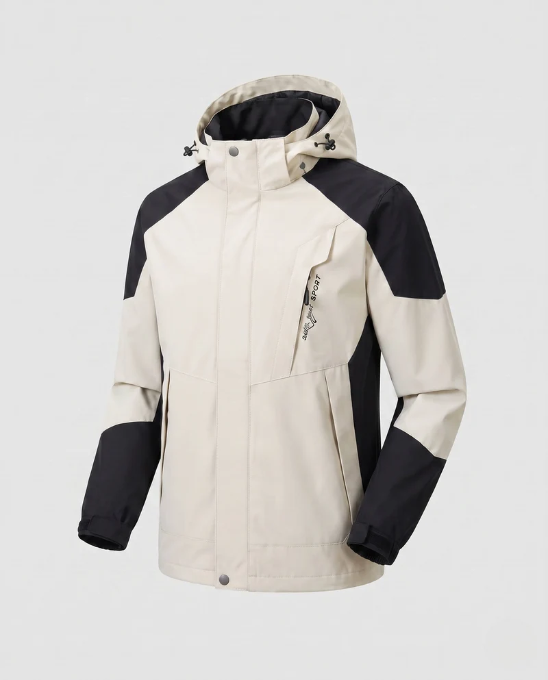 Herren ultraleichte packbare Hardshell-Jacke mit verstellbarer Kapuze, versiegelten Nähten und schrägem Brust-Reißverschluss