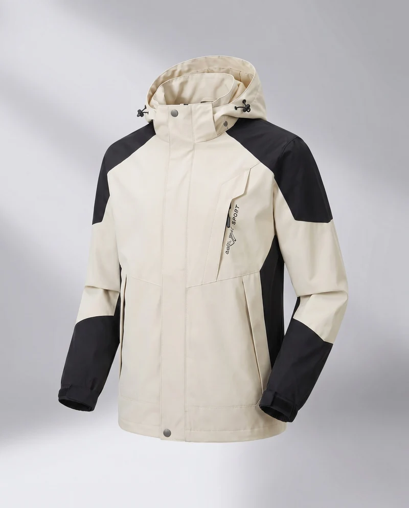 Herren ultraleichte packbare Hardshell-Jacke mit verstellbarer Kapuze, versiegelten Nähten und schrägem Brust-Reißverschluss